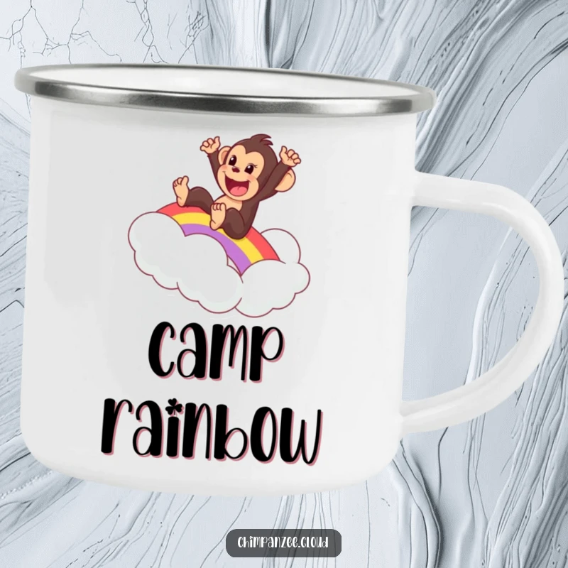 Funny enamel camping mug with an excited chimpanzee sliding down a rainbow onto a cloud, perfect for outdoor whimsy.