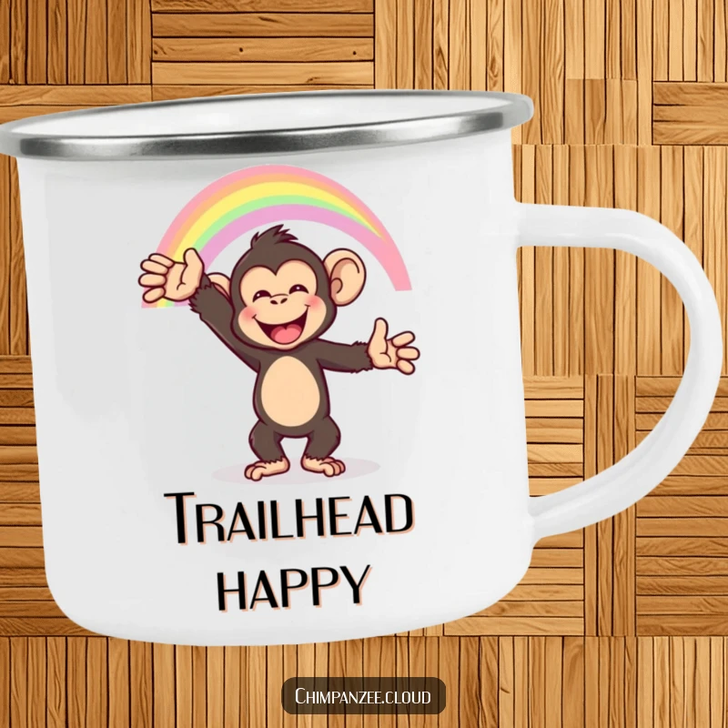 Funny chimpanzee reaching for a rainbow, durable enamel camping mug, outdoor joy.