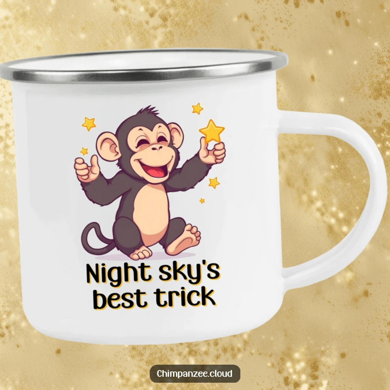 Funny chimpanzee juggling tiny stars on a durable camping mug, perfect for enjoying beverages during outdoor escapades with a smile.
