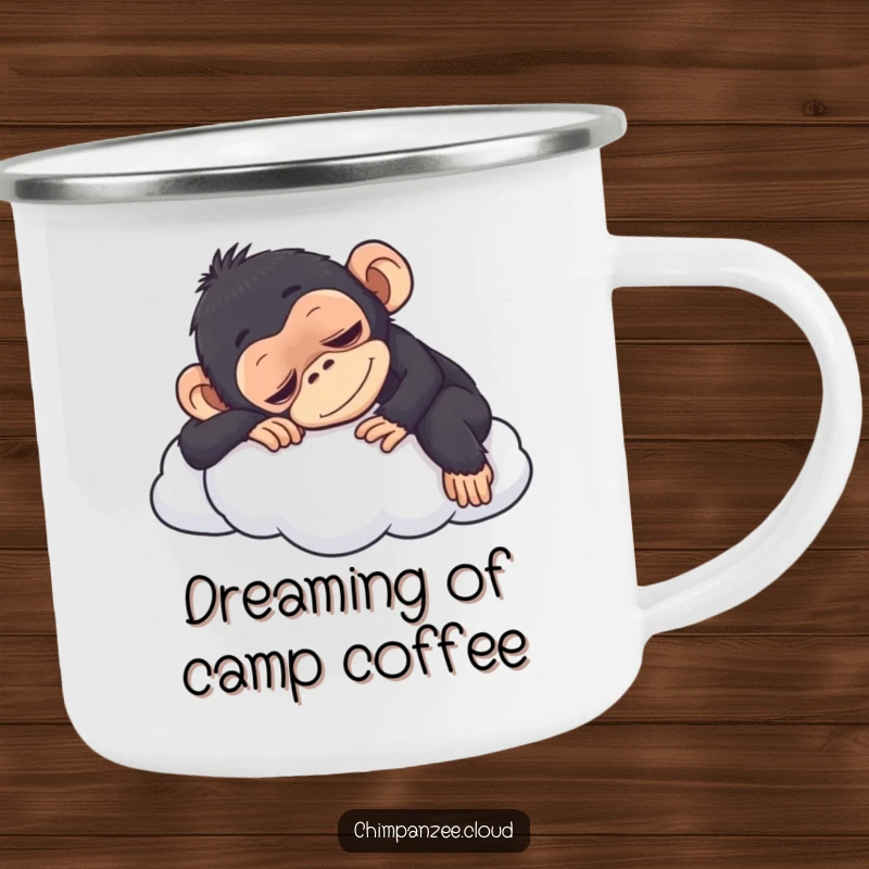 Funny chimpanzee napping on a cloud design on a camping mug, perfect for outdoor humor and warm drinks.