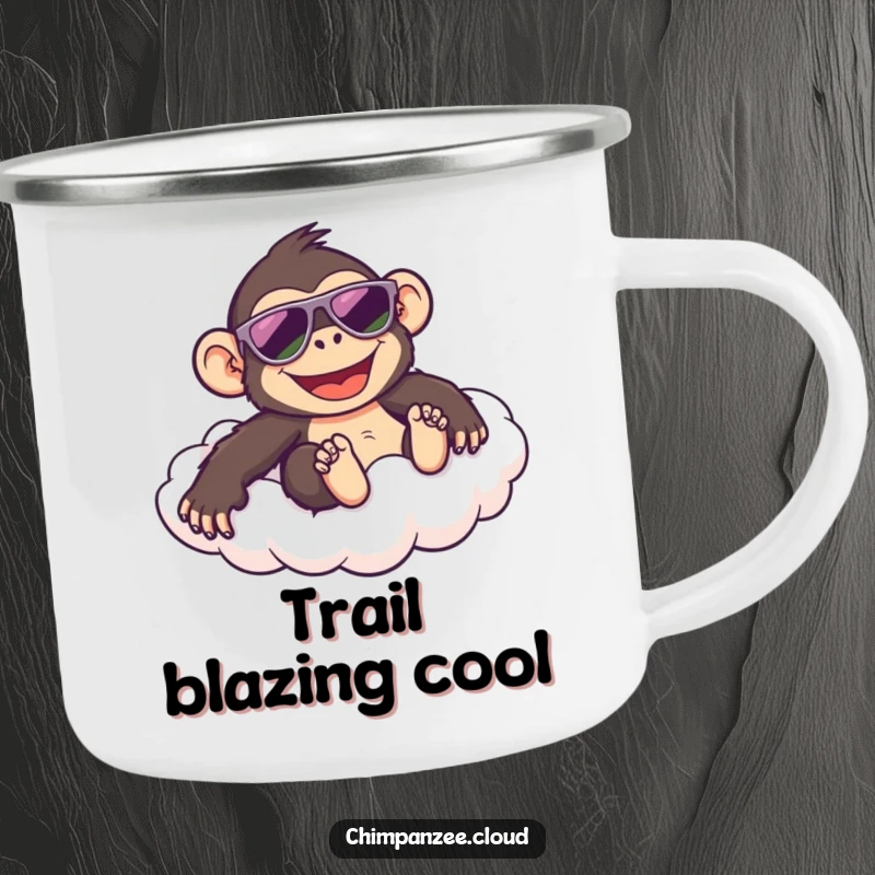 Funny camping mug with a happy chimpanzee in sunglasses sliding down a cloud, perfect for enjoying beverages during outdoor adventures.