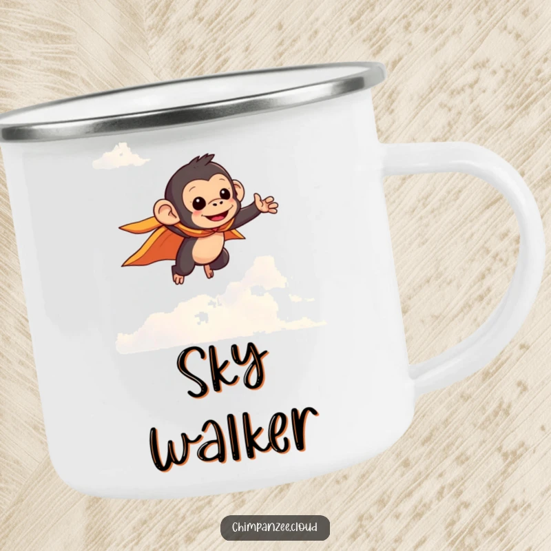 Funny chimpanzee with a tiny cape soaring through clouds, perfect for camping mugs, bringing heroic humor to outdoor adventures.
