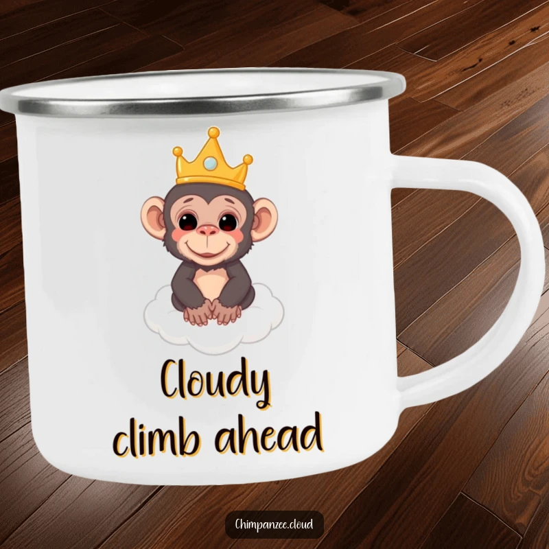 Funny camping mug showing a chimpanzee wearing a crown, floating on a cloud, ready for royal outdoor adventures.