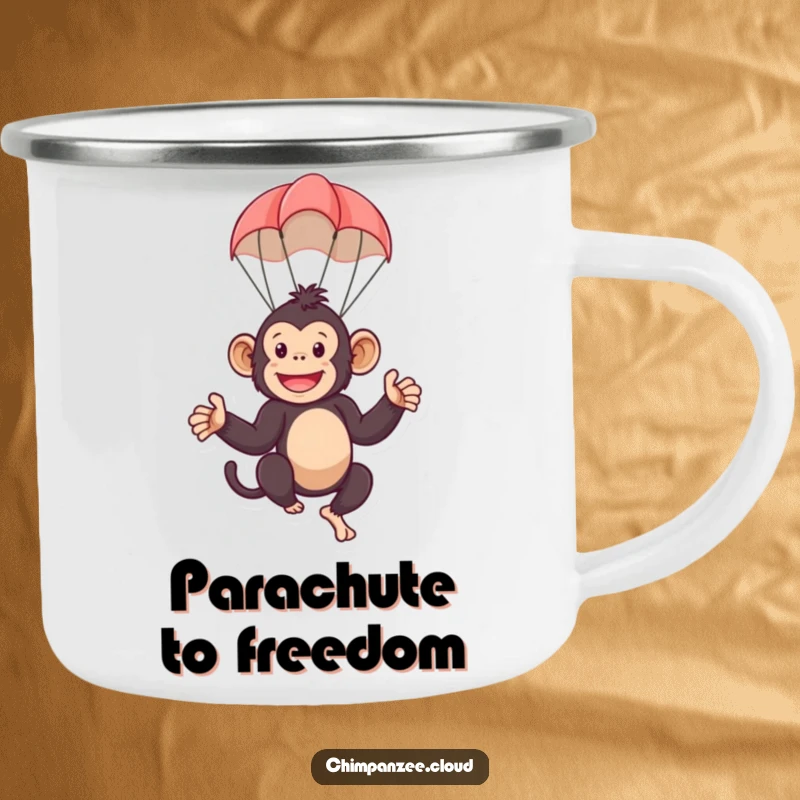 Funny camping mug showing a playful chimpanzee character using a tiny parachute during an outdoor excursion. Humorous and durable.