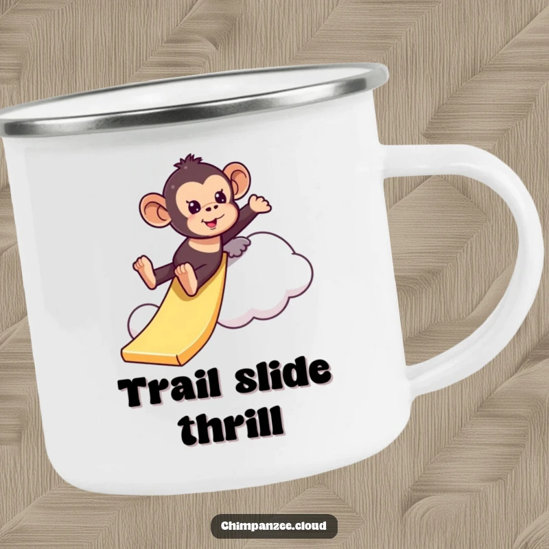 Funny playful chimpanzee camping mug sliding down a cloud like a slide, ideal for outdoor use with a humorous adventure theme, a great gift.