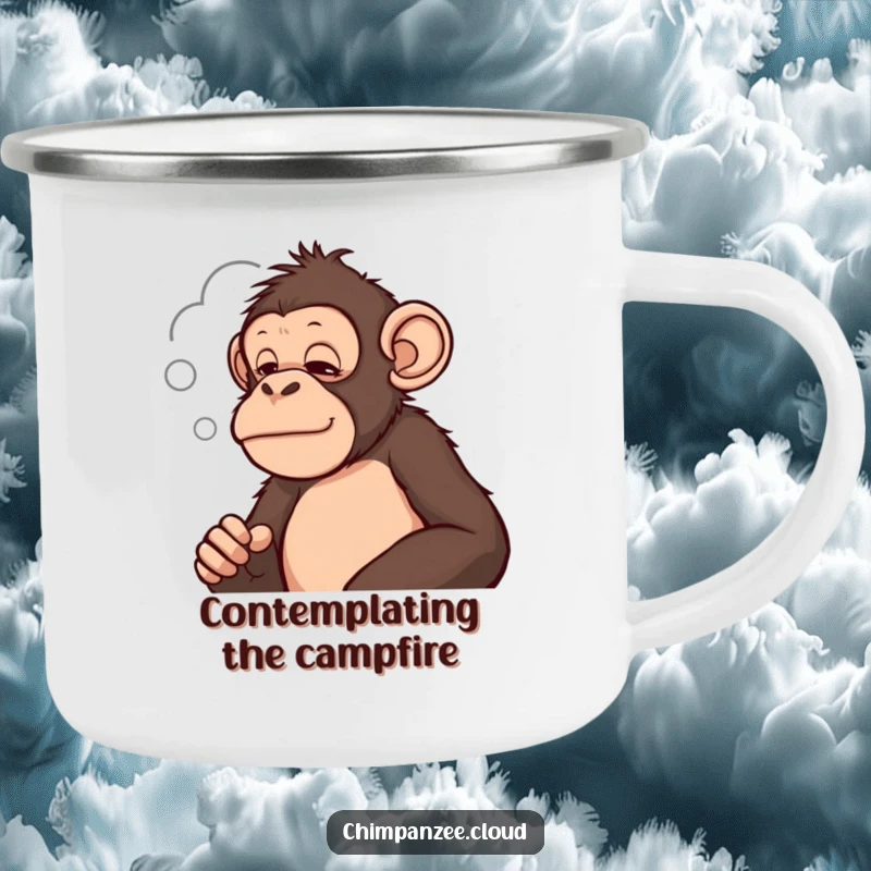 Funny chimpanzee looking thoughtfully at a cloud design on a camping mug, perfect for contemplative outdoor trips.