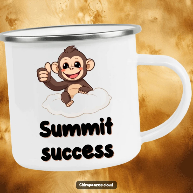 Funny chimpanzee giving a thumbs up from a cloud, perfect for camping mugs, bringing positive humor to outdoor adventures.