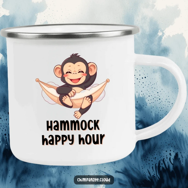 Funny chimpanzee camping mug, relaxing on a cloud hammock, rugged and serene outdoor drinkware.