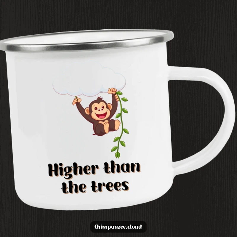 Funny chimpanzee character swinging from a cloud, depicted on a durable camping mug, ready for your morning brew and outdoor fun.