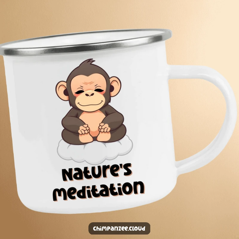 Funny chimpanzee meditating on a cloud, durable enamel camping mug, outdoors and calm.