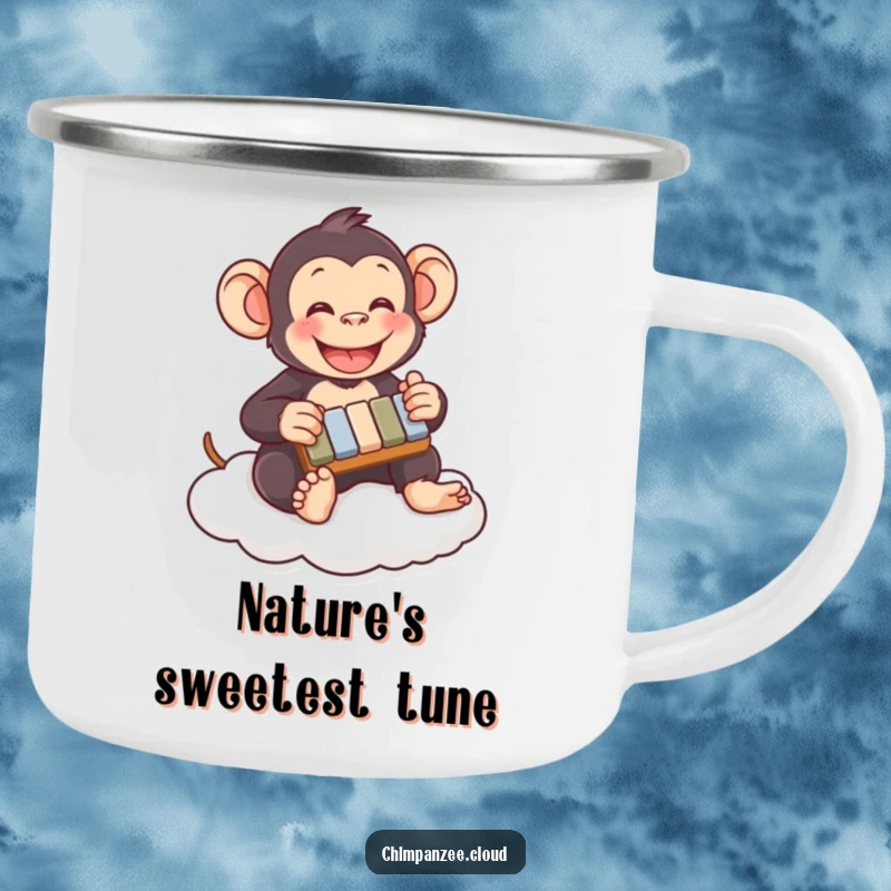 Funny chimpanzee camping mug playing xylophone on a cloud, ideal for outdoor use with a humorous musical theme, a great gift.