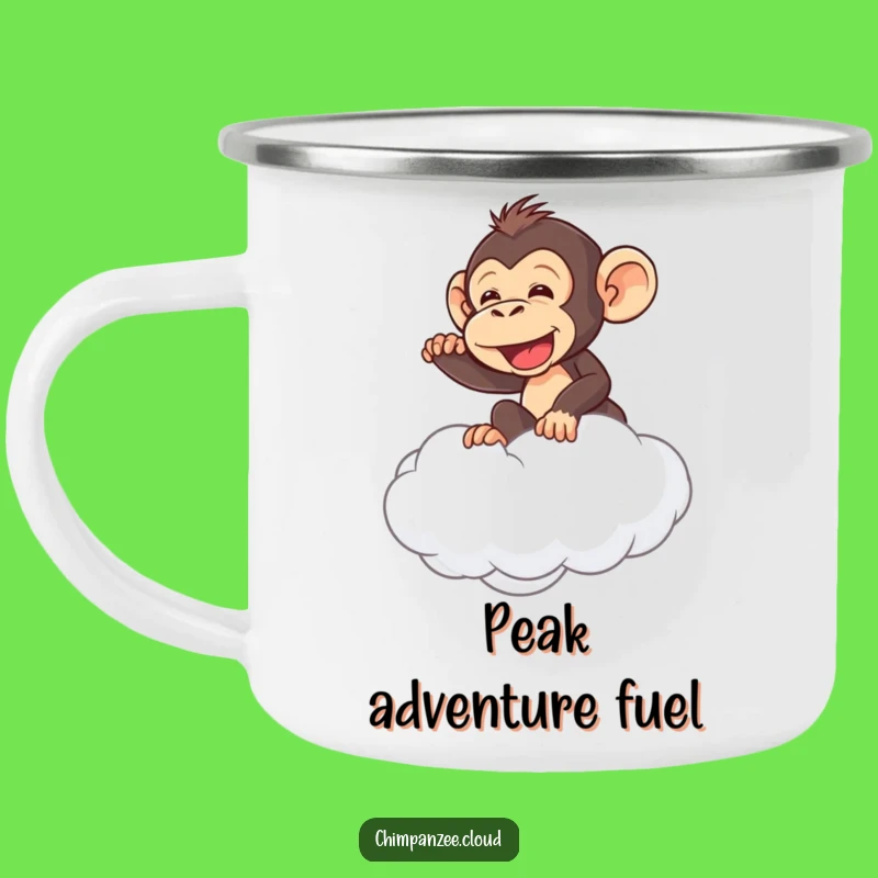 Funny Chimp Cloud Ride Enamel Mug: Adventurous Chimpanzee's Campfire Laugh