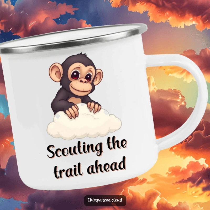 Funny chimp peeking over a cloud's edge, holding a rugged camping mug, ready for outdoor exploration.