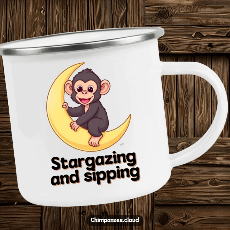 Funny chimp camping mug showing a cute chimpanzee character riding a crescent moon.