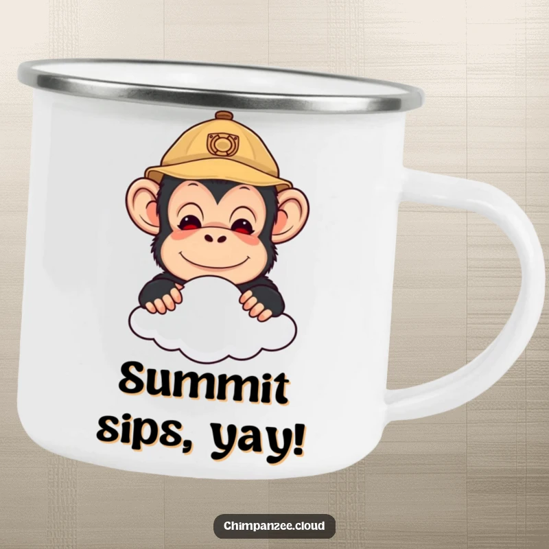 Funny camping mug featuring a cute chimpanzee explorer peeking over a cloud, ready for hot drinks during outdoor excursions.