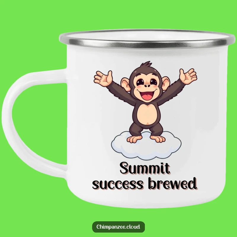 Funny Chimp Victory Enamel Camping Mug: Triumphant Monkey's Summit Sip
