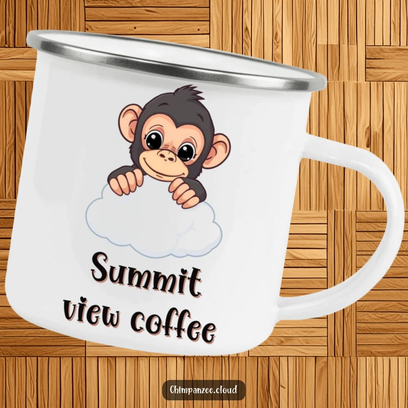 Funny chimpanzee camping mug showing a curious chimp peering over a cloud, ideal for outdoor adventures.
