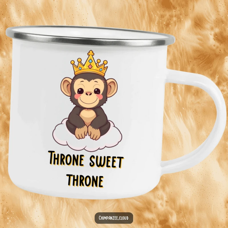 Funny camping mug featuring a cute chimpanzee king with a crown, sitting on a cloud throne during an outdoor scene.