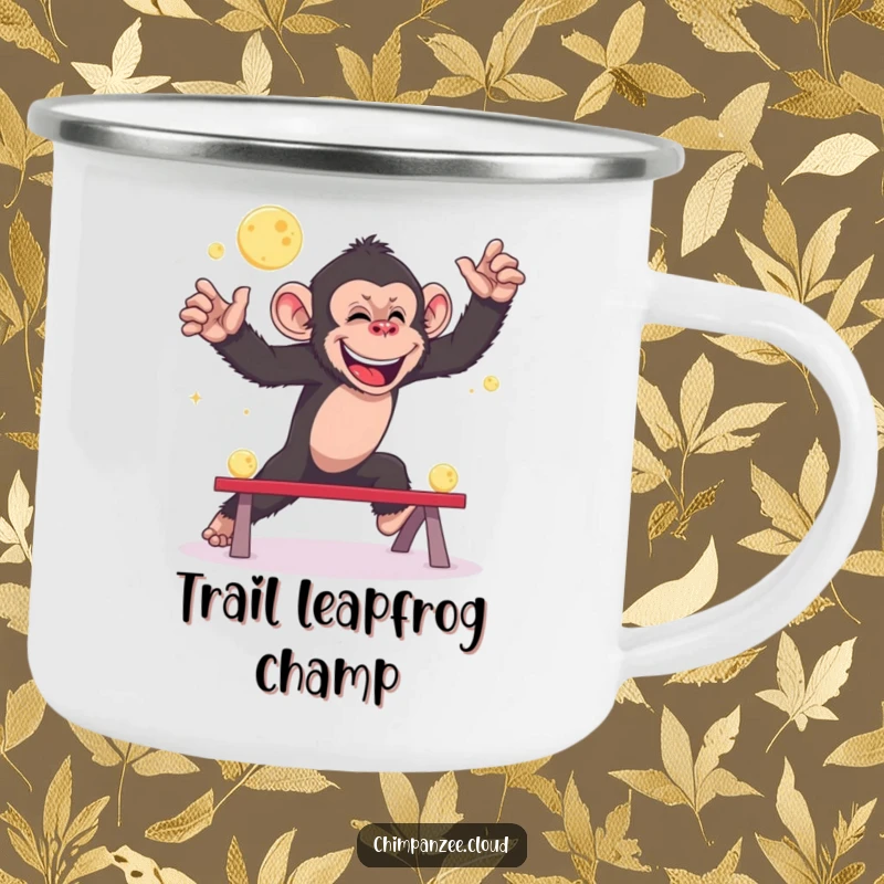 Funny chimpanzee camping mug, playing leapfrog with moons, durable and humorous outdoor drinkware.