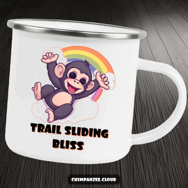 Funny chimp sliding down a cloud rainbow, holding a rugged camping mug, celebrating outdoor fun.