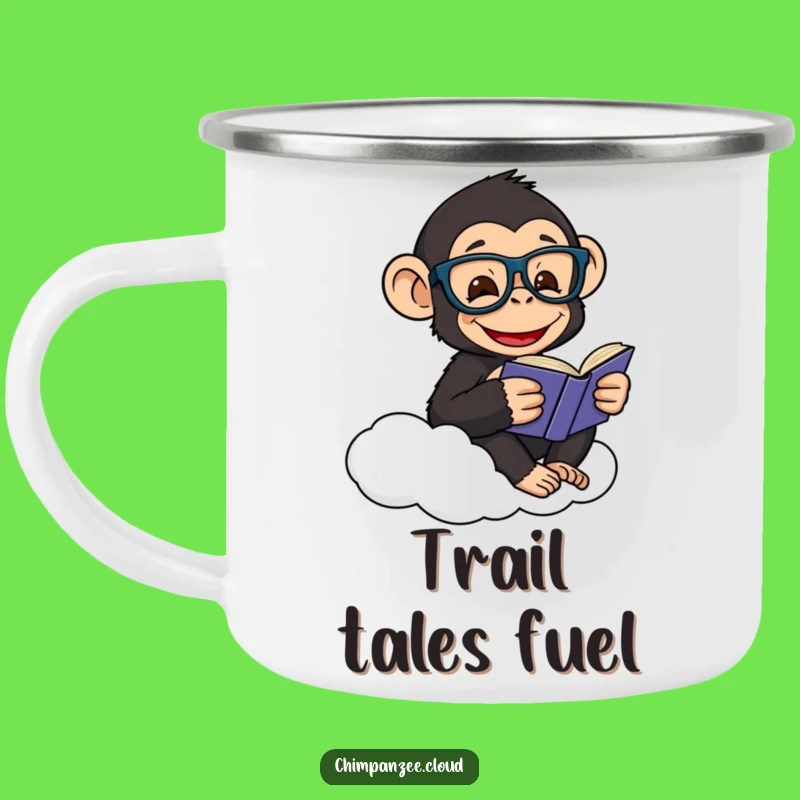 Funny Scholar Chimp Camping Mug: Happy Chimpanzee Reads on a Cloud