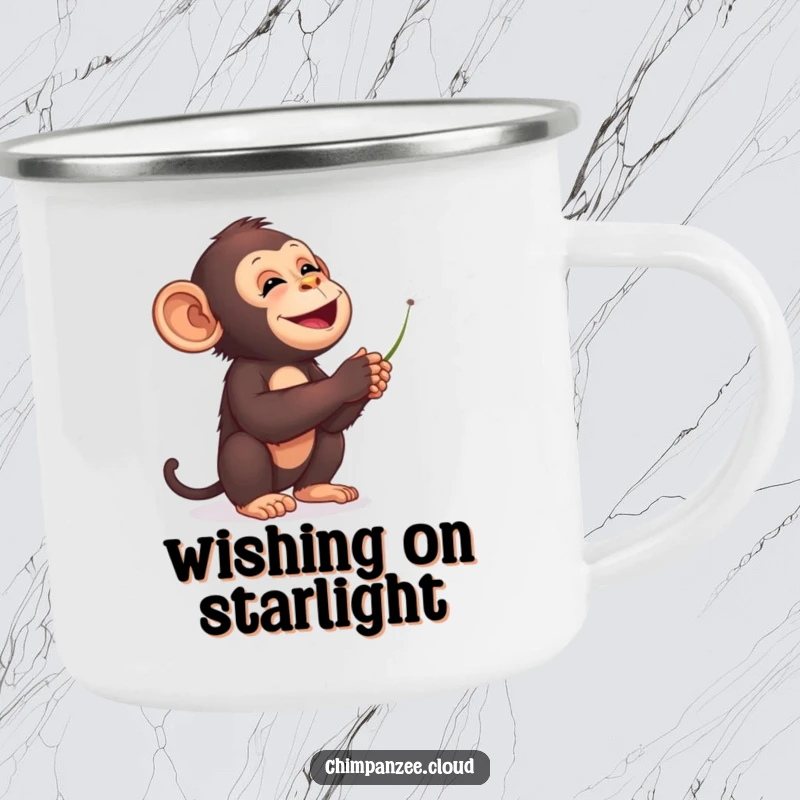 Funny chimpanzee camping mug, blowing dandelion seeds into starry sky, rugged and whimsical outdoor drinkware.