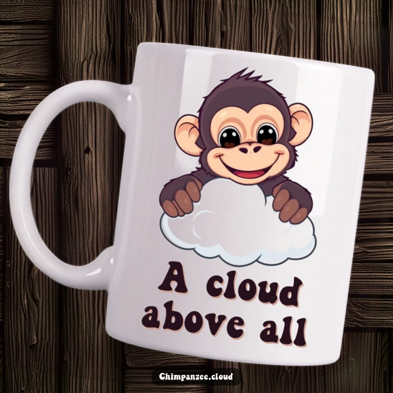 Funny chimpanzee mug, cheeky character peeking mischievously over a fluffy cloud with a wide, playful grin.