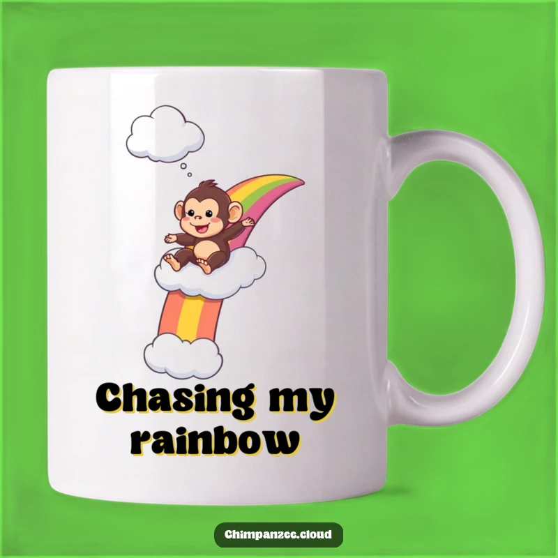 Funny Chimp Rainbow Mug: Playful Primate Sliding to Fun, Perfect Funny Gift