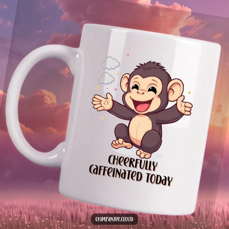 Funny Chimp Mug: Joyful chimpanzee cheering enthusiastically, surrounded by tiny cloud confetti, spreading happiness, a funny gift.