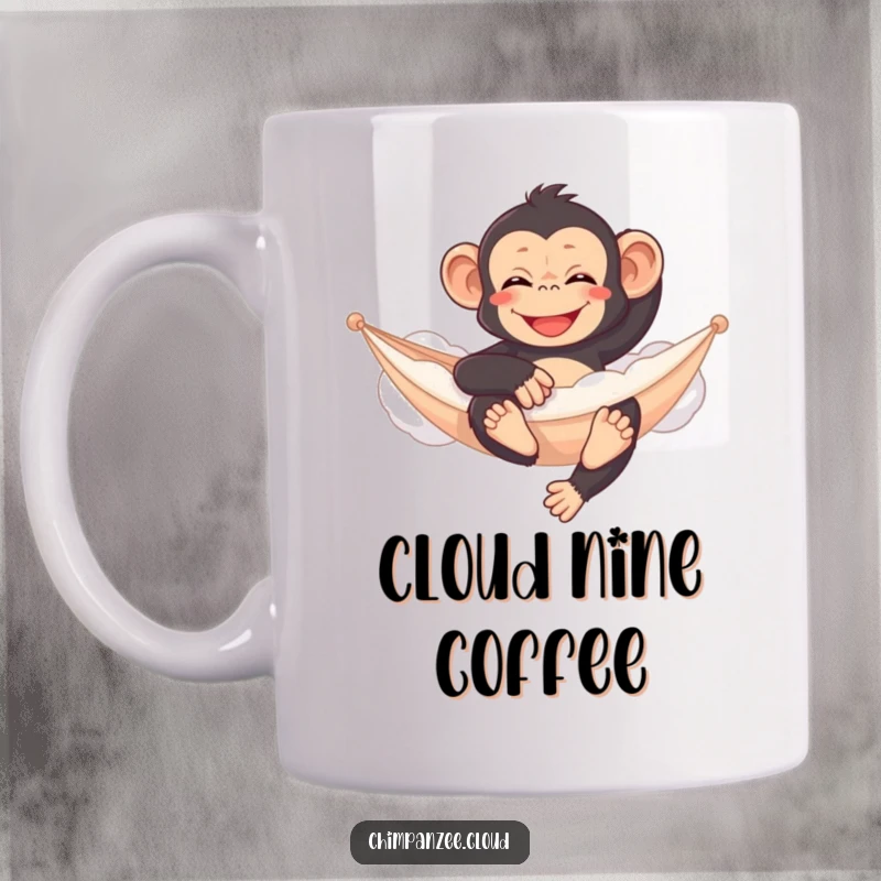 Funny content chimpanzee mug, relaxing on a fluffy cloud hammock, serene and humorous imagery.