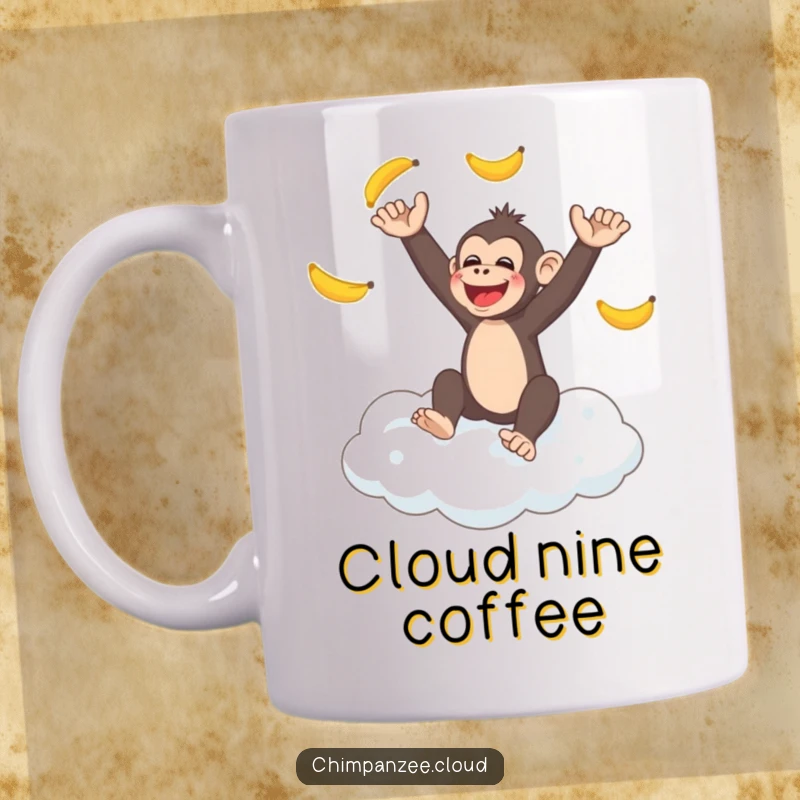 Funny happy chimpanzee juggling bananas on a fluffy cloud, perfect funny gift for circus fans and monkey lovers.