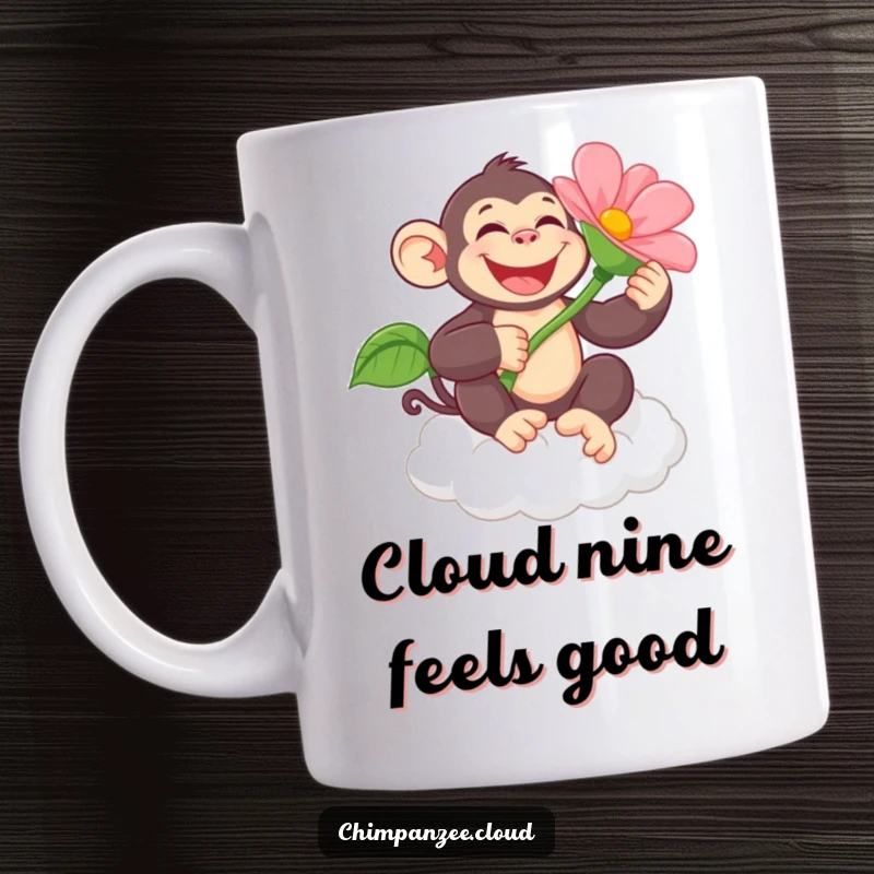 Funny chimpanzee character joyfully holding a massive flower while sitting on a plush cloud deck, radiating happiness and whimsy.
