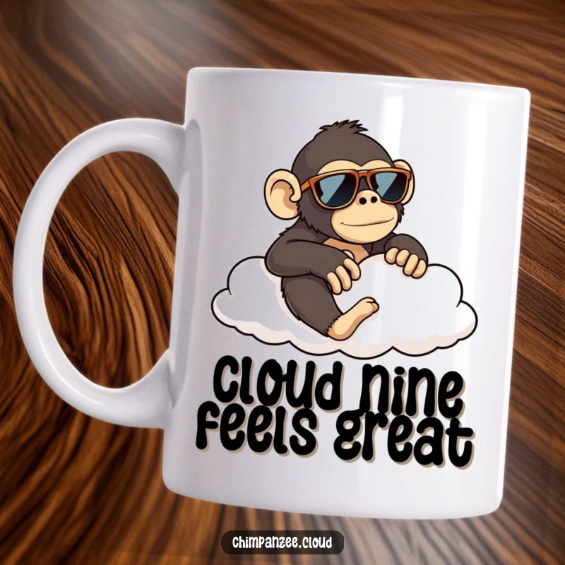 Funny chimpanzee wearing sunglasses lounging coolly on a fluffy cloud, designed for a humorous gift mug.