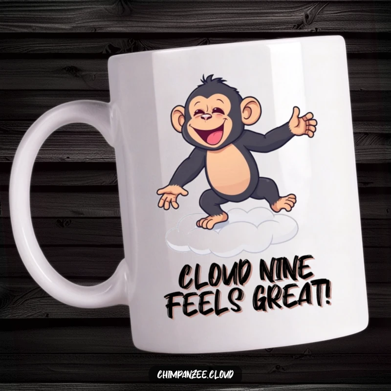 Funny Mug: A joyful chimpanzee happily dancing on a fluffy white cloud, radiating pure bliss and infectious energy.