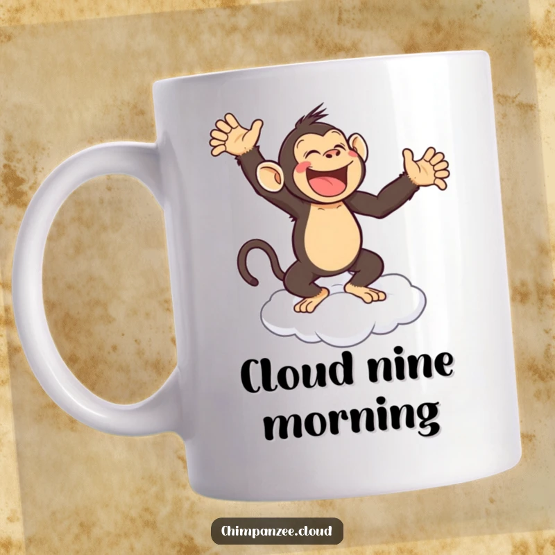 Funny mug featuring a joyful chimpanzee dancing gleefully on a cloud, capturing pure happiness and whimsical fun.