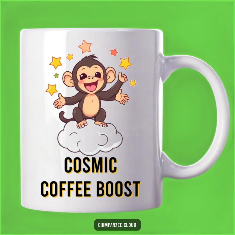 Funny Star Juggling Chimp Mug: Adorable Chimpanzee Creates Cosmic Fun