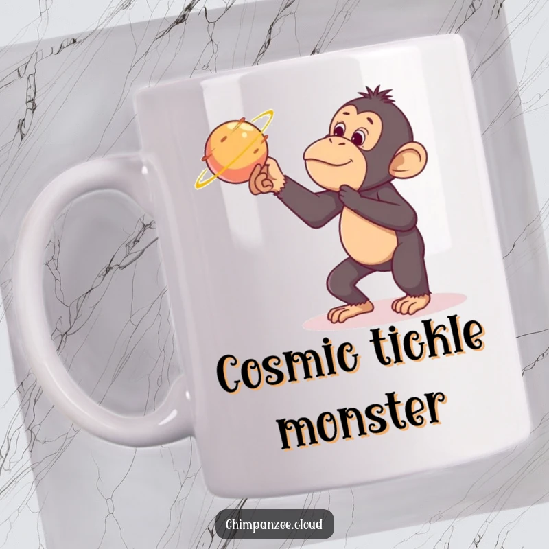 Funny chimpanzee mug, playfully tickling a passing comet with a mischievous grin, space art, humorous celestial gift.