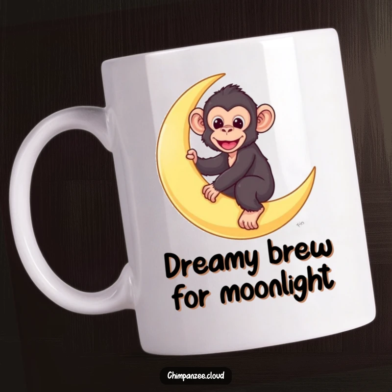 Funny chimp mug featuring a cute chimpanzee character joyfully riding a glowing crescent moon through the starry night.