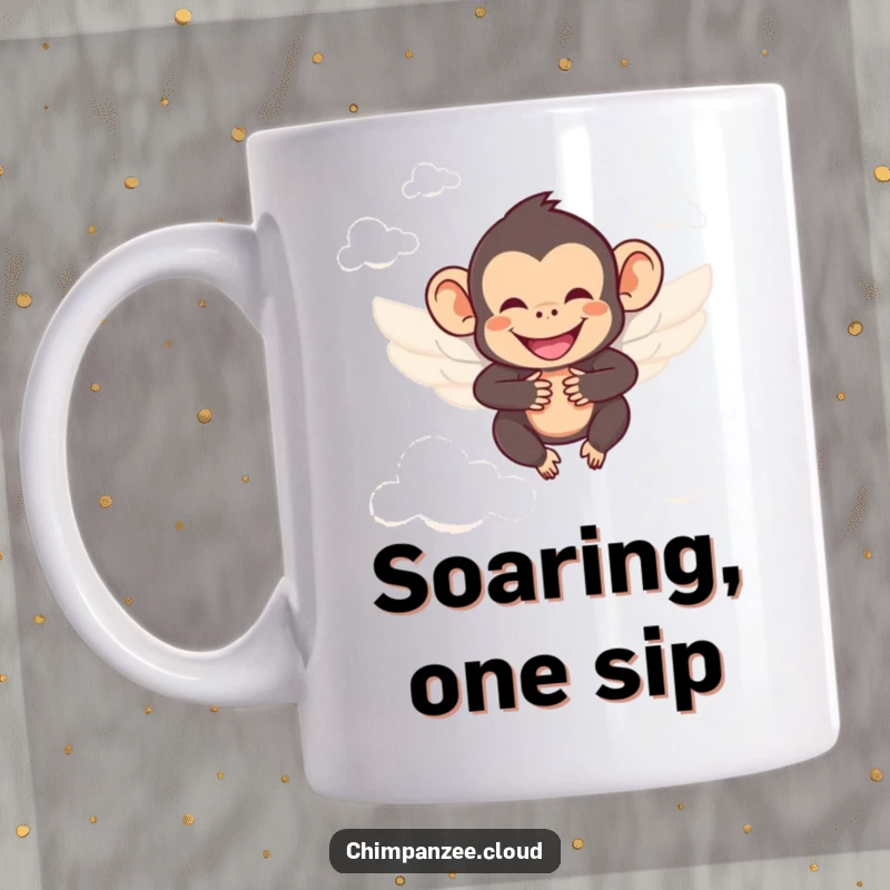 Funny chimpanzee wearing tiny wings, smiling, soaring joyfully between fluffy clouds, like a cheerful angel.