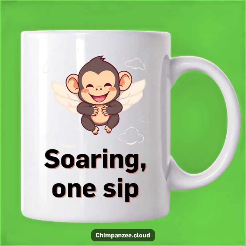 Funny Angel Chimp Mug: Smiling Winged Chimp Soaring, Heavenly Funny Gift