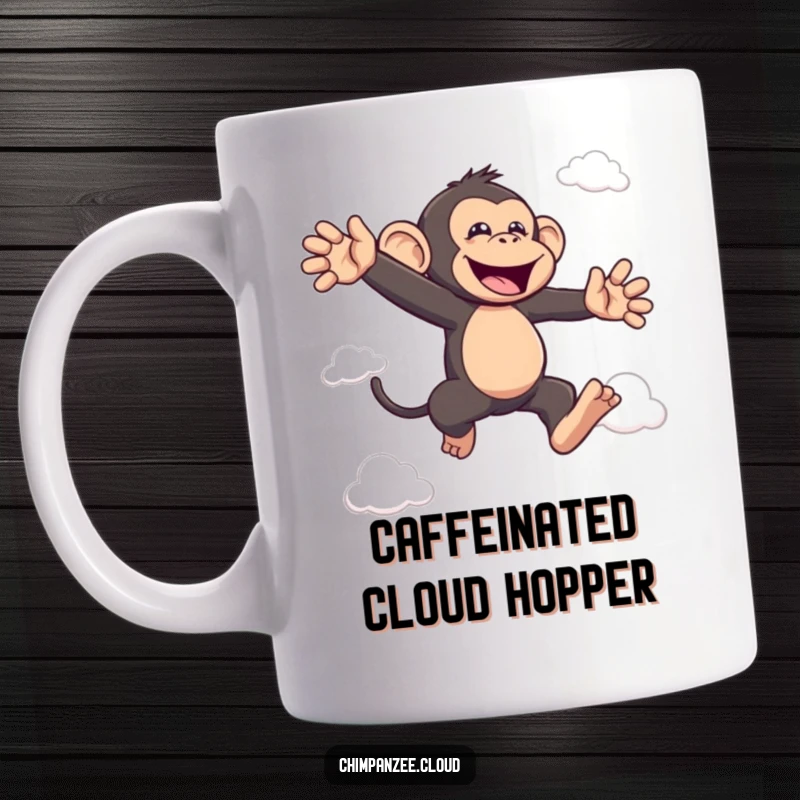 Funny bouncing chimp mug with a joyful chimpanzee leaping between clouds, perfect funny gift for energy.