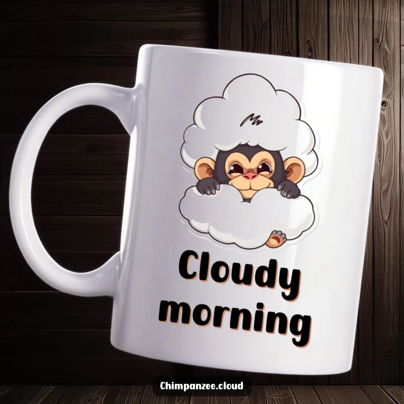 Funny cartoon chimpanzee peeking mischievously from behind a soft, fluffy cloud, depicted on a mug.