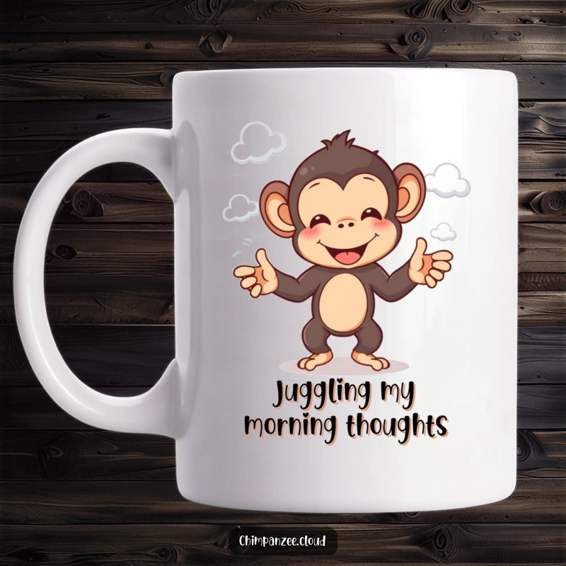 Funny chimp mug featuring a cheerful chimpanzee artistically juggling fluffy white clouds in the sky.
