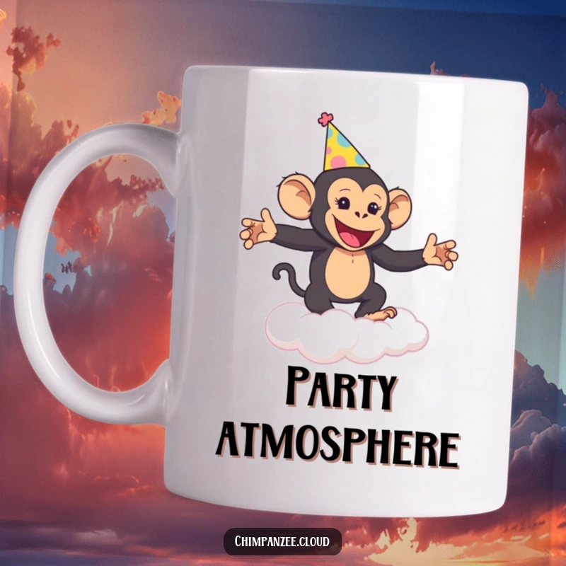 Funny Chimp Party Mug: A cheerful chimpanzee wearing a party hat dances joyfully atop a fluffy cloud, radiating fun.