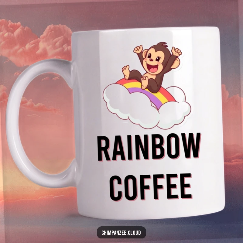 Funny cartoon chimpanzee joyfully sliding down a colorful rainbow onto a soft cloud, depicted on a mug.