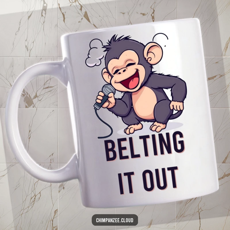 Funny Chimp Rockstar Mug: A playful chimpanzee with a tiny microphone sings happily into a cloud, a humorous performance.
