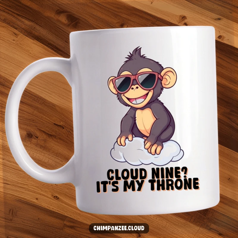 Funny chimp wearing sunglasses, balancing coolly on a fluffy cloud, sipping coffee, ready for a smile-filled day.