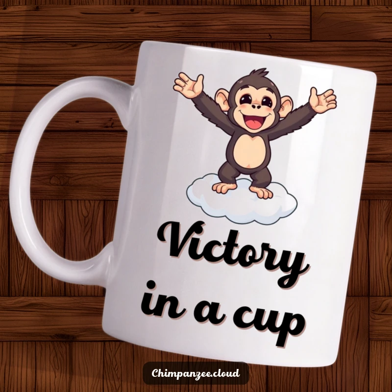 Funny chimpanzee standing triumphantly on a cloud, arms outstretched in victory, celebratory funny mug.