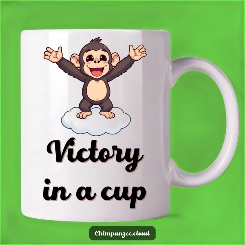 Funny Chimp Victory Mug: Triumphant Monkey's Cloud Top Triumph Gift