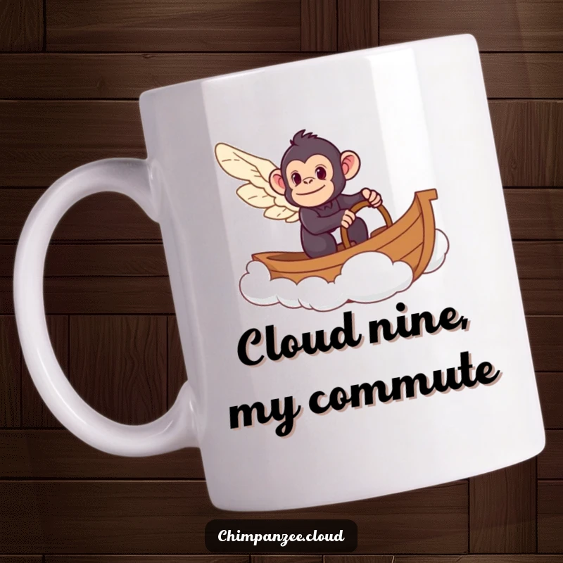 Funny chimpanzee with wings steering a cloud boat, sailing through the sky with a gentle smile, a whimsical and humorous scene.